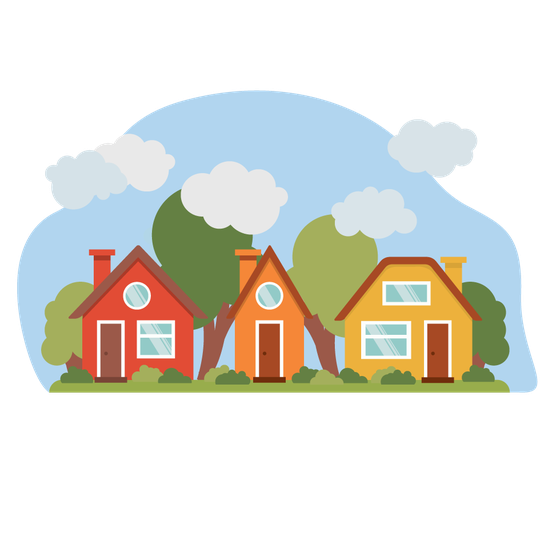 An illustration of three houses on a quiet street